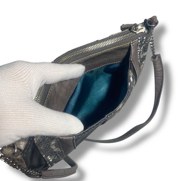 Vintage Hobo Crossbody Shoulder Bag WOC Grey Snake Print Genuine Leather 9x5 in - Picture 4 of 8